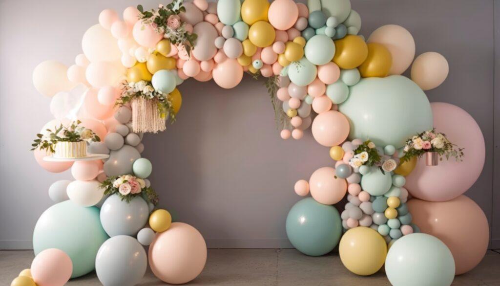 pink and blue balloons with a frame, garland decoration elements, frame arch wedding event gender reveal birthday celebration, generative ai, happy joyful fun party, baby shower, empty copy space